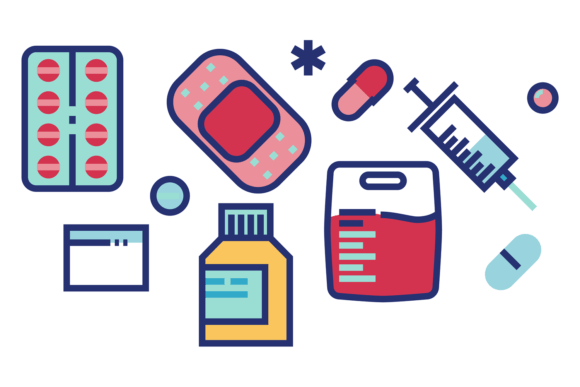 Treatment and Medical Supplies Icons. Co Graphics